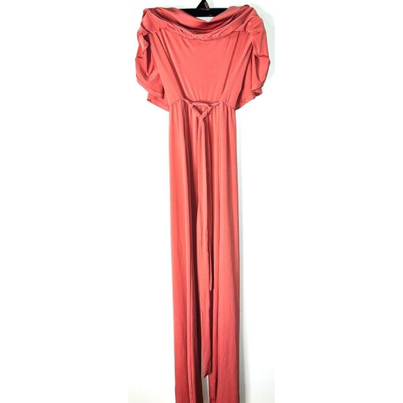 Charlotte Russe Coral Off-Shoulder Wide-Leg Jumpsuit With Tie Waist Medium - Picture 3 of 4